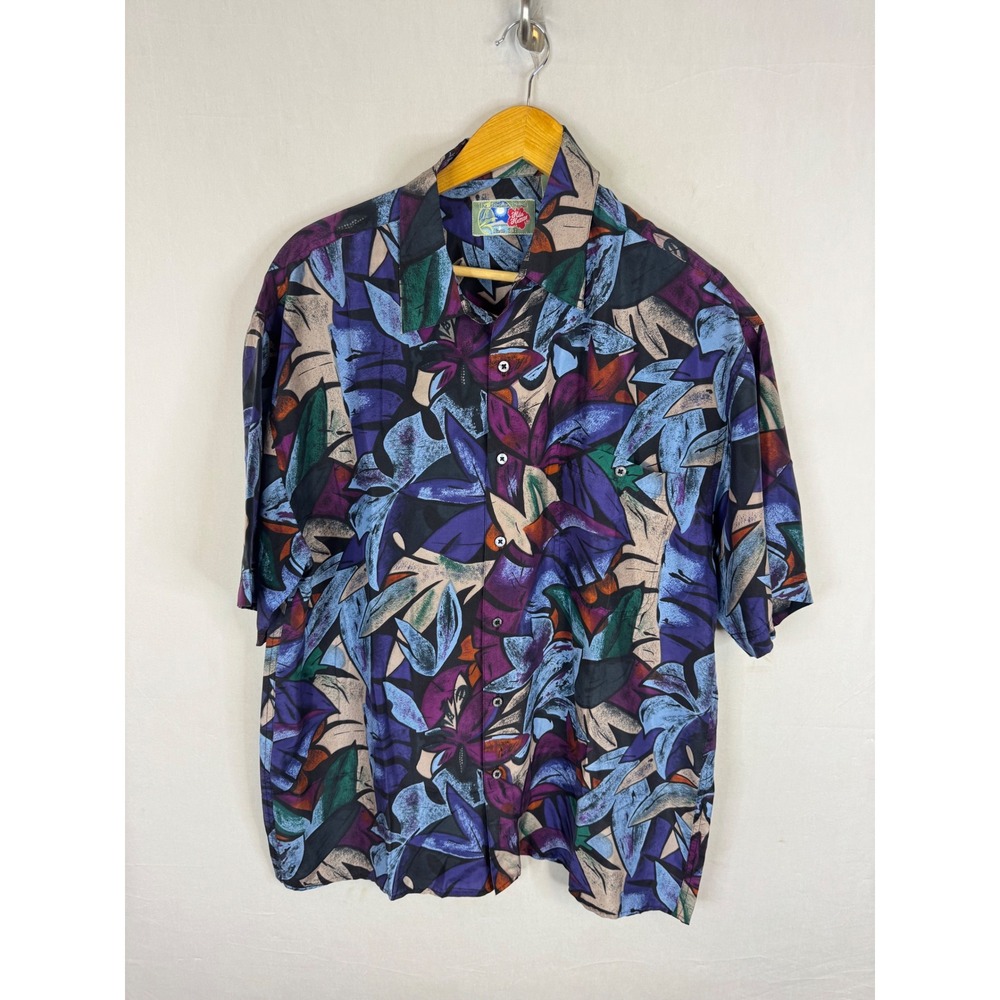 Vintage 90s Hilo Hattie Mens L Silk Hawaiian Shirt Floral Blue Purple NWT